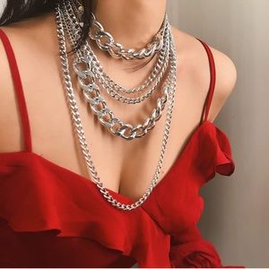 Multilayer Punk Hip Hop Necklace Silver Chains Necklace